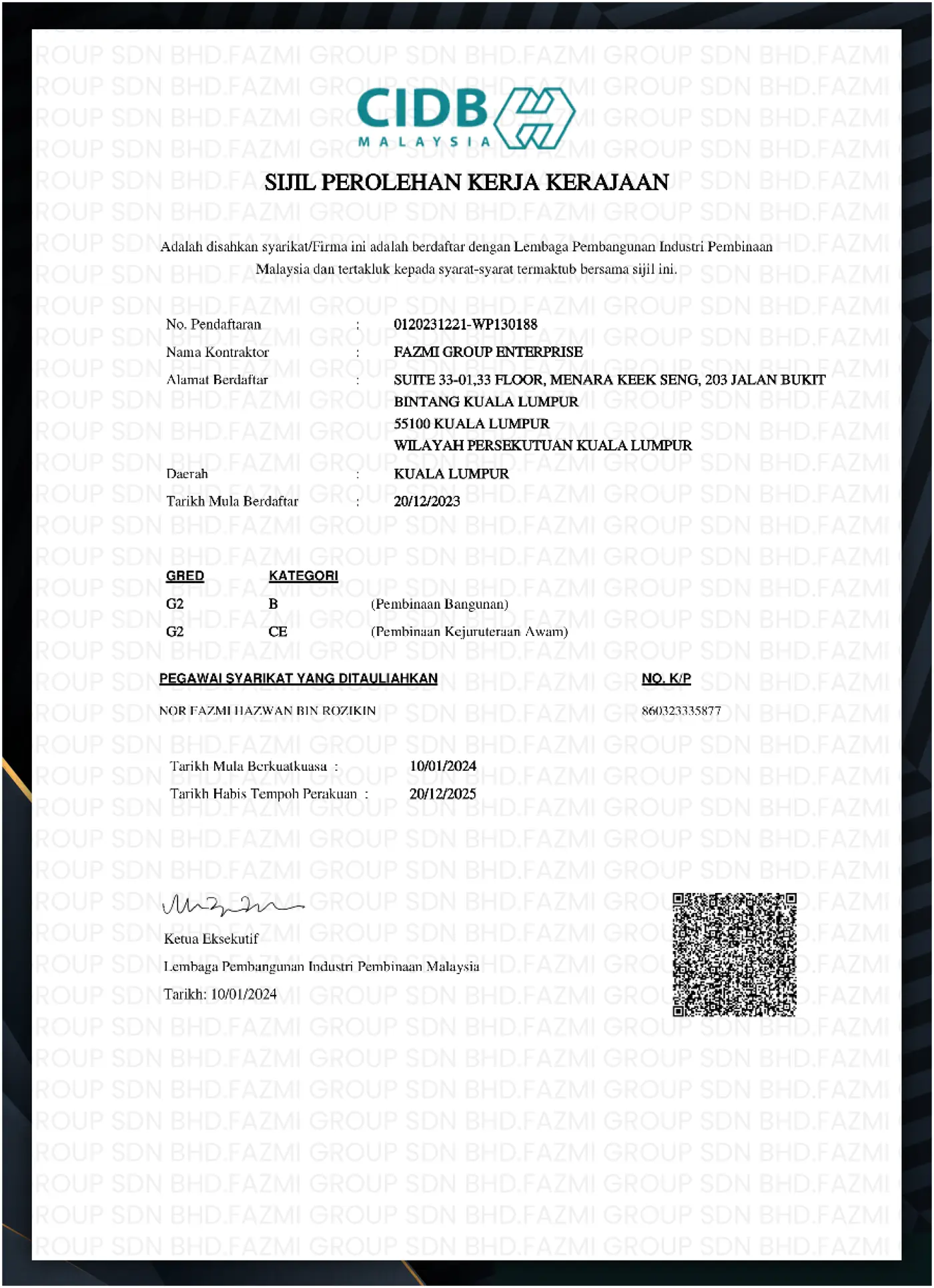 CIDB certificate page 2